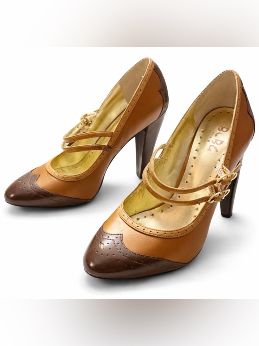 BCBG Paris Mary Jane Heels Size 8 Brown Tan Brogue Oxford Pumps Vintage Style